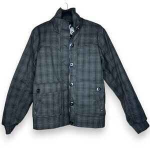 Helly Hansen Mens Plaid Jacket Medium Gray Insulated Padded Coat Gold Lining